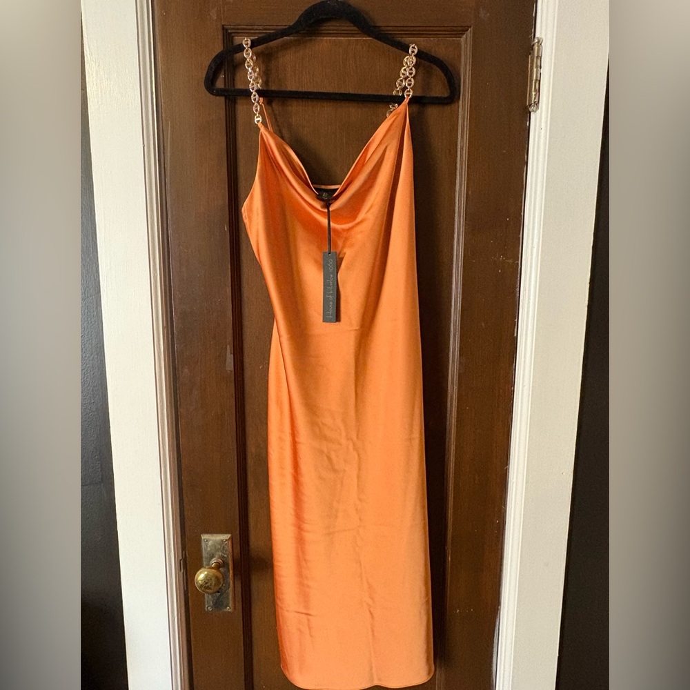 House of Harlow 1960 Orange Midi Dress with gold adjustable straps.